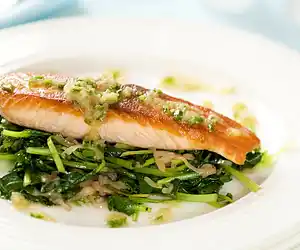 Crispy Salmon on Tatsoi with Spicy Thai Sauce