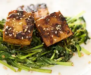 Stir-fry Tatsoi, Crusty Tofu with Asian Sweet-Sour Sauce