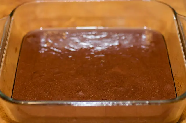 Pour batter evenly into 8-or 9-inch square baking pan coated with cooking spray or greased with butter. 