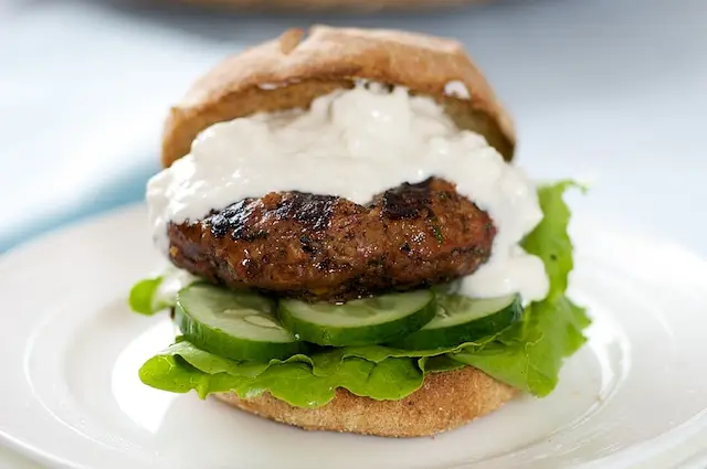 Healthy Hamburger with Savory Feta Sauce & Cucumber