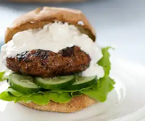 Healthy Hamburger with Savory Feta Sauce & Cucumber