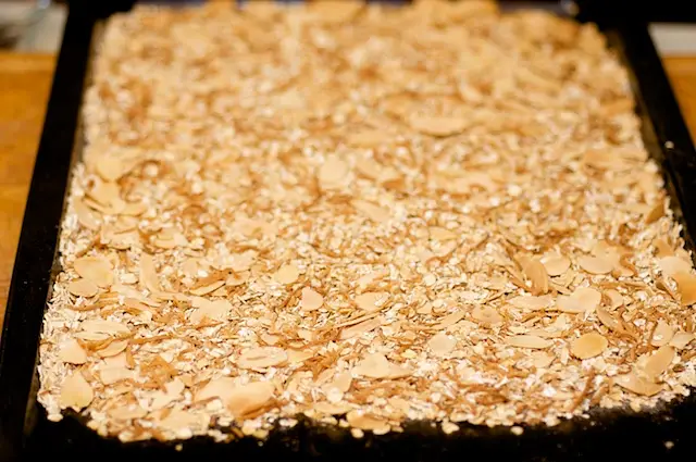 Toast for 15 to 20 minutes, stirring once half way through the toasting. 