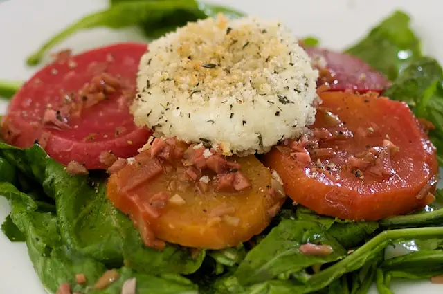 Heirloom Beets, Warm Goat Cheese, Arugula with Green Olive Vinaigrette