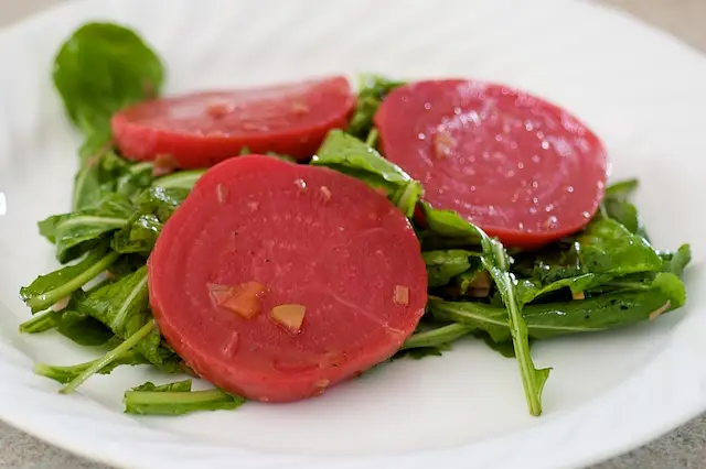 Heirloom Beets, Warm Goat Cheese, Arugula with Green Olive Vinaigrette