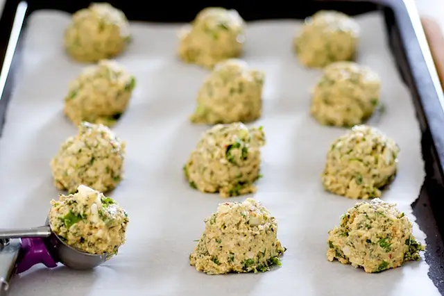 Drop the batter by about 2 tablespoons full onto a large baking sheet lined with parchment paper, 