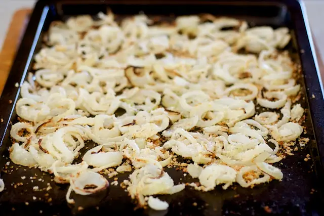 Homemade french fried onions, during cooking