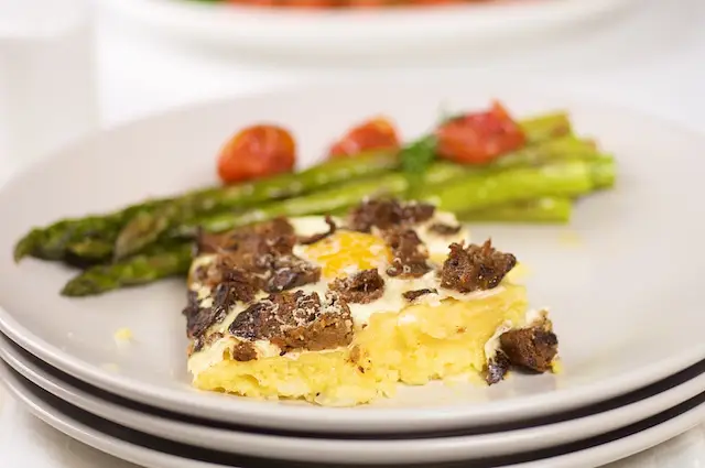 Baked Eggs & Sausage with Cheesy Polenta Casserole