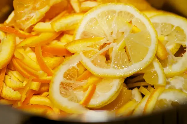 Add all the prepared oranges and lemons into a large pot.