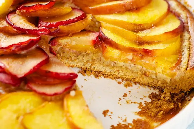 The fluffy, crumbly, and bread like texture perfectly matches these maple glazed stone fruits.