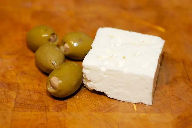 Next you need a few olives and some feta cheese.