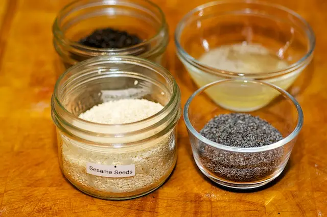 Egg wash, sesame and poppy seeds for the final step.