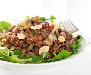 Five Bean, Artichoke & Sundried Tomato Salad with Greens & Toasted Almonds