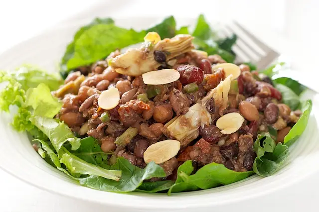 Five Bean, Artichoke & Sundried Tomato Salad with Greens & Toasted Almonds