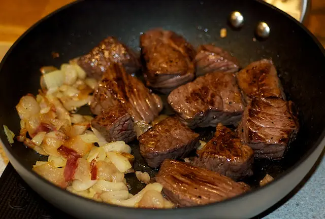 Cook until the beef tips are well browned.