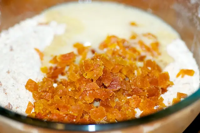 Add flour mixture and apricots 