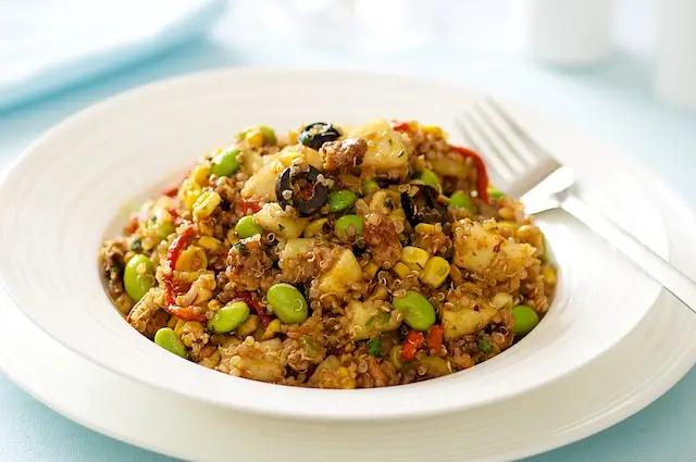 Quinoa, Edamame & Roasted Corn Salad with Apples & Maple Walnuts