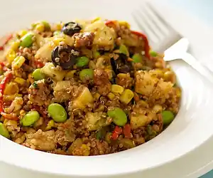 Quinoa, Edamame & Roasted Corn Salad with Apples & Maple Walnuts