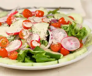 Cherry Tomato, Cucumber & Mixed Green Salad with Feta Vinaigrette