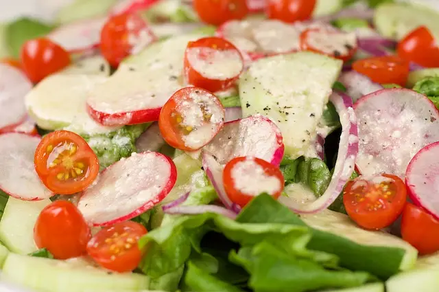 Cherry Tomato, Cucumber & Mixed Green Salad with Feta Vinaigrette