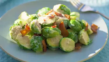 Creamy Brussels Sprouts with Bacon Horseradish Sauce