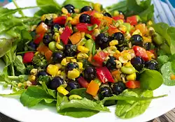 Blueberry, Roasted Corn, Soy Bean and Arugula Salad