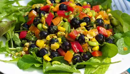 Blueberry, Roasted Corn, Soy Bean and Arugula Salad