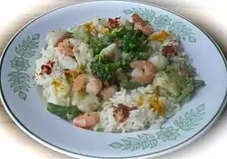 Shrimp and Fish with Green Vegetables in Orange Sauce