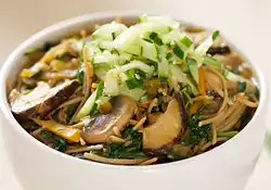 Soba Noodles, Mushroom and Tatsoi with Sweet-Sour Cucumber