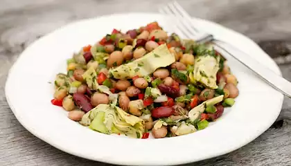 Three Bean Salad with Sweet Bell Peppers and Artichoke Hearts