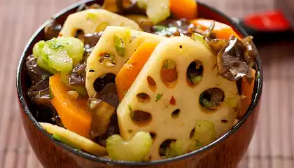 Lotus Root and Wood Ear Salad with Soy-Ginger Dressing