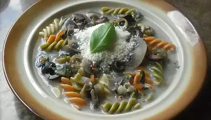 Olive and White Mushroom Soup with 3-colors Fusilli