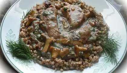 Pork Shoulder in Chanterelle Sauce over Buckwheat