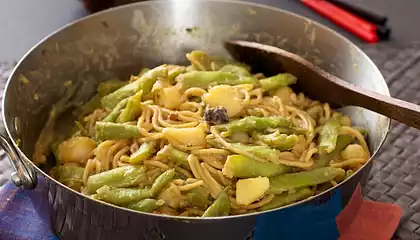 Chinese Broad Bean and Potato Stir-Fry with Noodles 