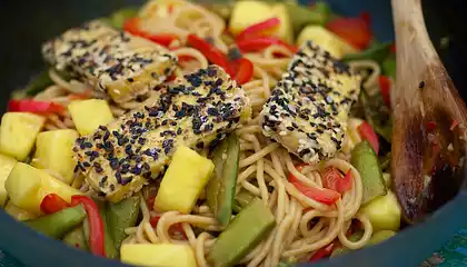 Sesame-Crusted Tofu with Spicy Pineapple Noodles