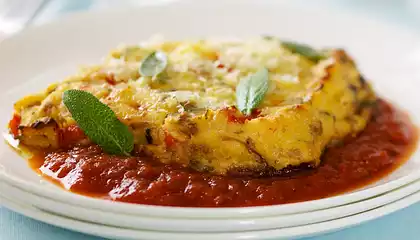 Baked Polenta with Italian Sausage, Mushrooms and Three Cheeses