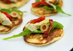 Fresh Corn Blinis with Roasted Bell Pepper, Artichoke Hearts and Arugula