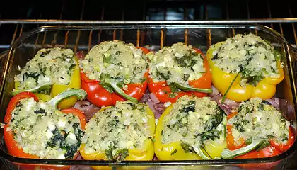 Yellow Peppers Stuffed with Quinoa, Corn and Feta Cheese