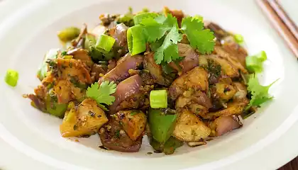 Eggplant, Crispy Potato, and Bell Pepper Stir-Fry