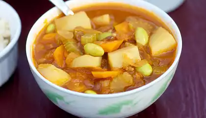 Curry Potato, Edamame and Lentil Soup