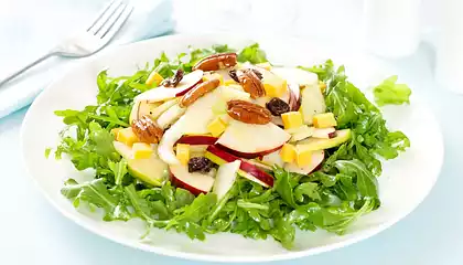 Arugula, Apple and Cheddar Salad with Maple Candied Pecans