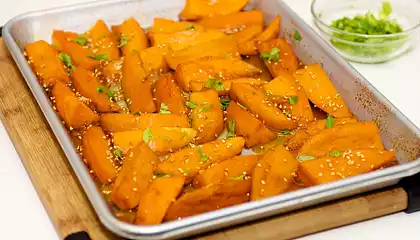 Garlicky, Sweet and Salty Sweet Potato Wedges