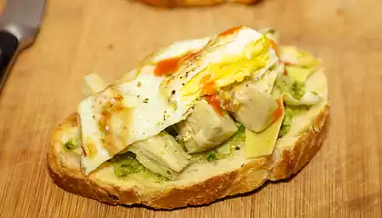 Artichoke Hearts, Basil Pesto and Fried Egg Crostini 