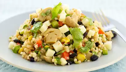 Marinated Mushroom, Black Bean Couscous Salad with Cheddar