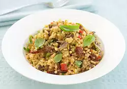 Israeli Couscous with Sauteed Mushrooms, Pine Nuts and Sun-Dried Tomatoes 