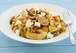 Chickpea, Marinated Artichoke Hearts, Mushrooms, and Sun-Dried Tomato Couscous Salad with Feta