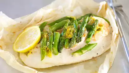 Tilapia En Papillote with Asparagus and Shrimp