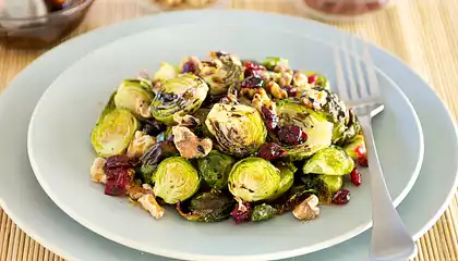 Roasted Brussels Sprouts with Walnuts, Cranberries and Balsamic Glaze