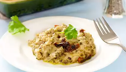 Vegetarian Barley Casserole with Sun Dried Tomato and Basil Pesto