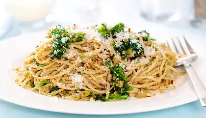 Pasta with Rapini, Toasted Garlic, Bread Crumbs and Parmesan