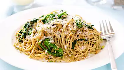 Pasta with Rapini, Toasted Garlic, Bread Crumbs and Parmesan